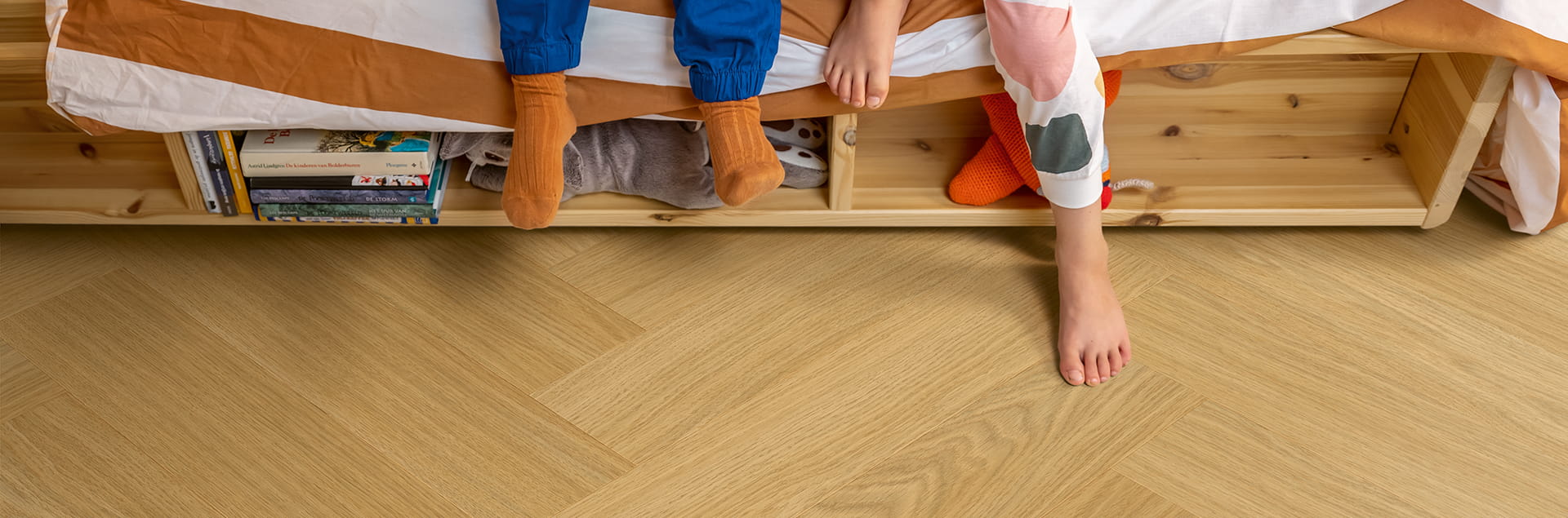 Kids room with brown herringbone vinyl flooring